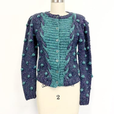 Vintage 1970s Mohair Blend Cardigan Sweater | 3 D Popcorn Stitch Designer Sweater | Purple and Teal | Size Small 