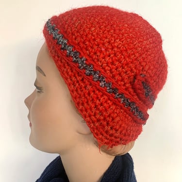 1920s Red Wool Knit Cloche Hat