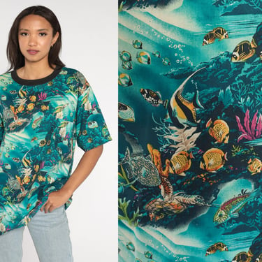 Tropical Fish Shirt Under The Sea Tshirt 90s Sea Turtle Shirt Travel Graphic T Shirt Vintage 1990s All Over Print Shirt Blue Extra Large xl 