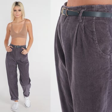 Pleated Corduroy Pants 80s Purple Grey High Waisted Trousers Mom Pants Tapered Straight Leg Cuffed Belted Basic Vintage 1980s Extra Small xs 