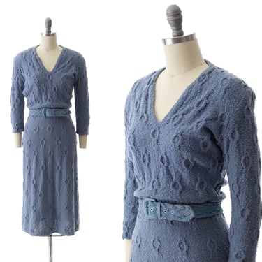 Vintage 1940s 1950s Sweater Dress | 40s 50s Blue Knit Wool Textured Belted Sheath Sweater Dress (small) 