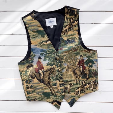 horse tapestry vest 80s 90s vintage Miller's Sportific fox hunt equestrian embroidered waistcoat 