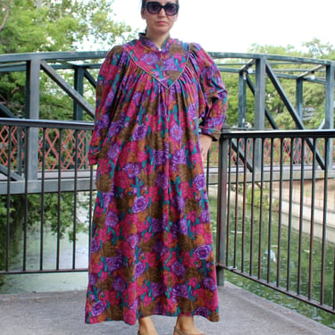 Vintage 80s Appel Caftan, One Size Women, multicolor floral print, dolman sleeves 