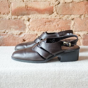 brown leather mules | 90s vintage dark brown chunky angled heel slingback mules clogs size 7 