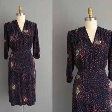 1940s vintage dress | Forever Young Rayon Floral Print Cocktail Party Dress | Large XL | 40s dress 