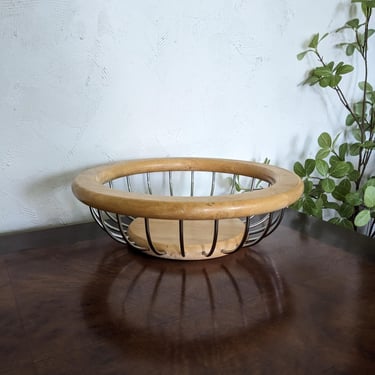 Retro Wood and Silver Metal Fruit Bowl 