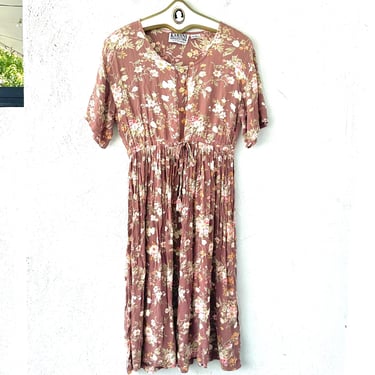 Vintage 90s Floral Dress 1990s Wrinkled Midi Dress 