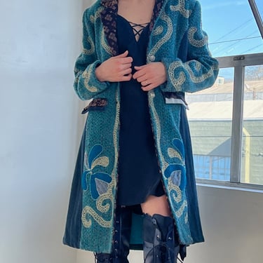 Turquoise Wool and Silk Quilted Coat (L)