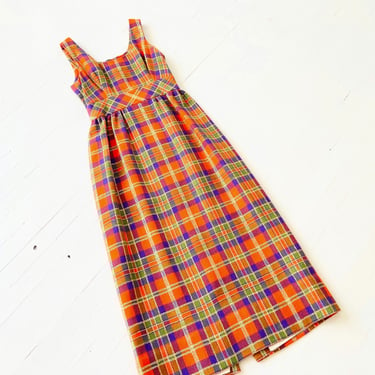 1970s Metallic Check Wool Maxi Dress 