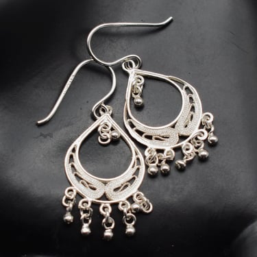 90's Bali sterling filigree teardrop dangles, dainty IBB TH 925 silver beaded fringe boho earrings 