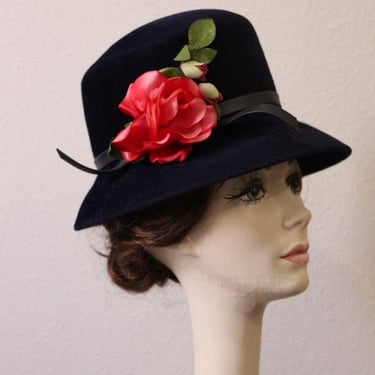 Vintage 50's 60's Peachbloom deep Sapphire Blue Rose Wool Fur Bucket Hat made with Imported Fur 
