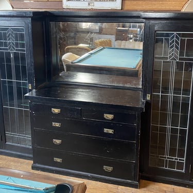 Black 1920s Built in w Leaded Glass Doors and Mirror