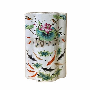 Chinese Off White Porcelain Koi Fishes Flower Shape Vase ws2355E 
