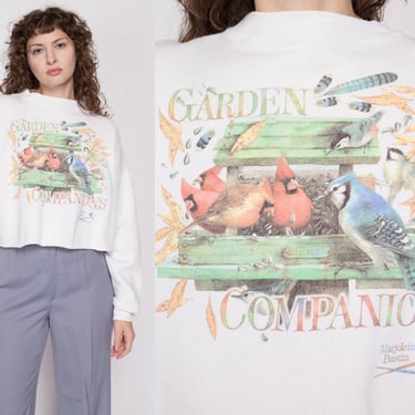 2X 90s "Garden Companions" Marjolein Bastin Art Print Sweatshirt | Vintage Bird Feeder Cropped Animal Crew Neck 