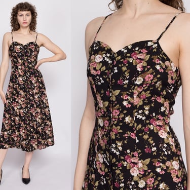 90s Boho Black Floral Sundress - Small to Medium | 90s Button Up Sleeveless Sweetheart Neck Midi Grunge Dress 