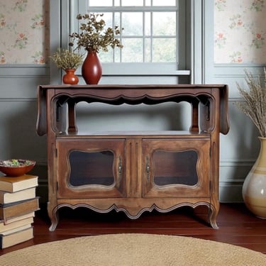 Rustic French Provincial Expanding Server Table 40” to 60” - Vintage Wood Buffet Sideboard with Glass Doors - Cottagecore Farmhouse Cabinet 