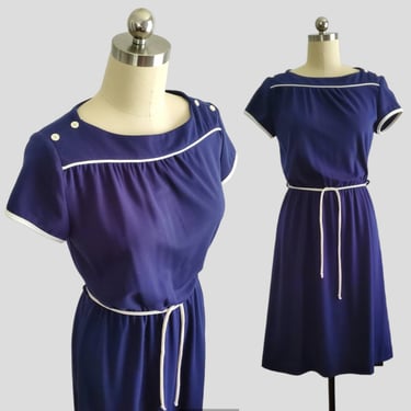 1970s Jersey Knit Dress with Tie Belt - 70s Sailor Dress - 70's Women's Vintage Size Medium 