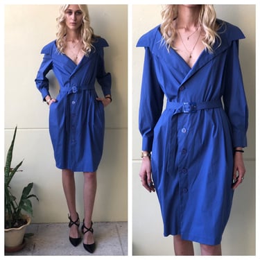 Jean Paul Gaultier Dress / Y2K Vintage 90's Dress / Made in Italy / Designer Vintage / Blue Stretchy Dress with Dramatic Collar 
