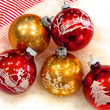 VINTAGE: 5pcs - Old Glass Ornaments - Holiday Ornaments - Red and Gold Christmas - SKU 00034997 