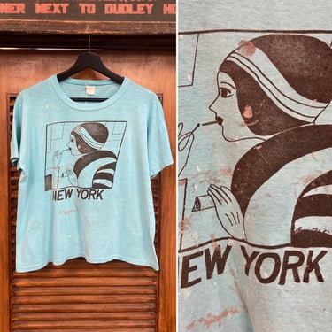 Vintage 1970’s “New York” Deco Lady Print Cartoon T-Shirt, Amazing Look and Color, 70’s Tee Shirt, Vintage Clothing 