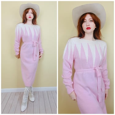 1980s Vintage Pink and And White Knit Dress / 80s Pastel Belted Acrylic / Wool / Nylon Sweater Dress / Medium - Large 