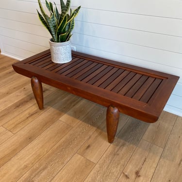 MCM Style Slatted Wooden Bench with Sculptural Legs
