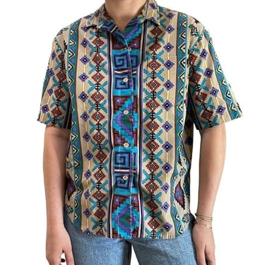 Vintage 80s Womens Southwestern Aztec Geometric Multicolor Button Down Shirt 
