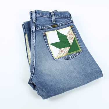 Vintage Wrangler Cowboy Cut Jeans with Handmade Quilted Patches - Vintage Fabrics - One of a Kind - 29 inch Waist 