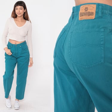 Teal Trousers 90s High Waisted Pants Cotton Straight Leg Slacks 1990s Vintage Blue-Green Elliott Bay Sportswear Retro Medium 30 