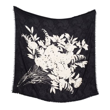 Charles Jourdan 1980s Vintage 52" Bouquet Print Black Silk Jacquard Shawl 