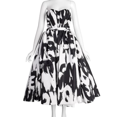 Alexander McQueen by Sarah Burton PF 2022 Black White Graffiti Print Corset Full Skirt Dress