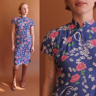 Vintage 40s Love Letter Print Rayon Cheongsam/ 1940s Cold Rayon Novelty Dress/ Size XS 