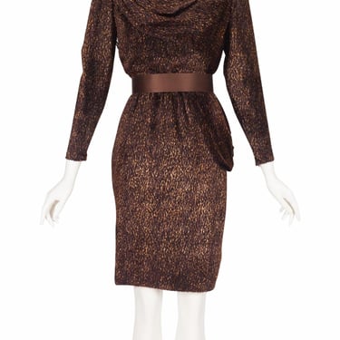 Serge & Réal Couture 1990s Vintage Brown Silk Devoré Draped Cocktail Dress 