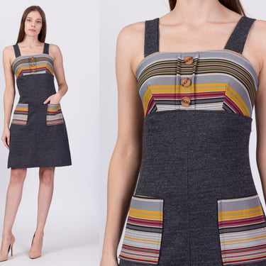 70s Striped Trim Pocket Sundress - Extra Small | Vintage A Line Boho Sleeveless Mini Dress 