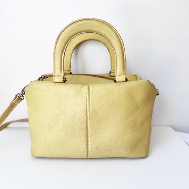 HALSTON 1980s Chartreuse Pebbled Leather Cross Body Bag - Halston Designer Vintage Boxy Crossbody Handbag / Vintage Adjustable Purse Yellow 