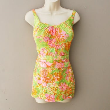 1950-60's-Pink and Green Floral- Roxanne Perfection Fit Swimsuit- Size XS 