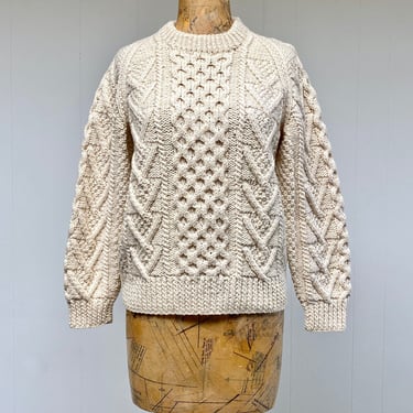 Vintage 1960s Cable Knit Fisherman's Sweater, Traditional Mid-Century Pullover, Hand Knit in Ireland, Joseph Heron, Small, VFG 