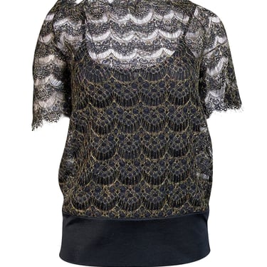 Vivienne Tam - Black &amp; Gold Lace Short Sleeve Blouse Sz P