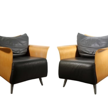 Contemporary Modern Pair of Belle Bentwood Leather Lounge Chairs by Keilhauer 