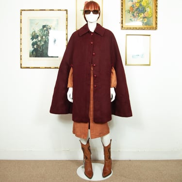 Vintage 1970s Burgundy Wool Maxi Cape Coat With Collar And Buttons Size M 