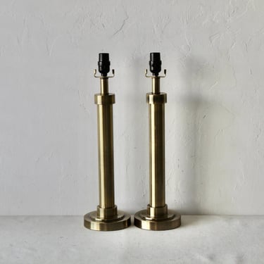 Vintage Modern Brushed Antique Brass Finish Column Table Lamps-A Pair 