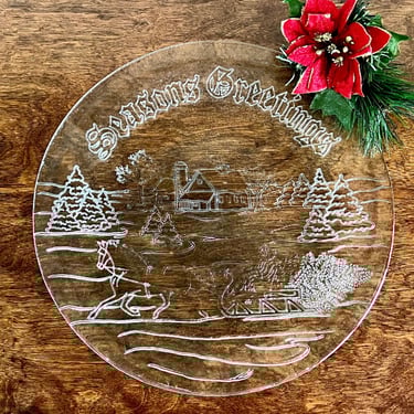 Large Christmas/Holiday Glass Platter Seasons' Greetings on Top Winter Scene Couple Sleigh Riding Pulling Tree 