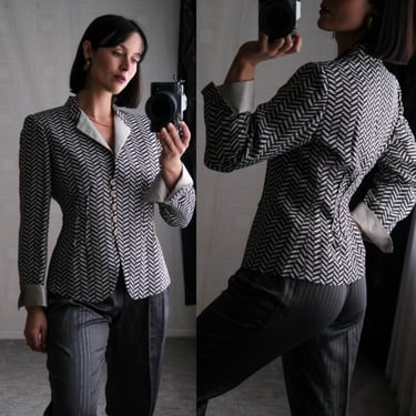 GIORGIO ARMANI Charcoal Chevron Pattern Linen Cropped Blazer w/ Silver Silk Lining | Made in Italy | Y2K 2000s ARMANI Designer Linen Jacket 