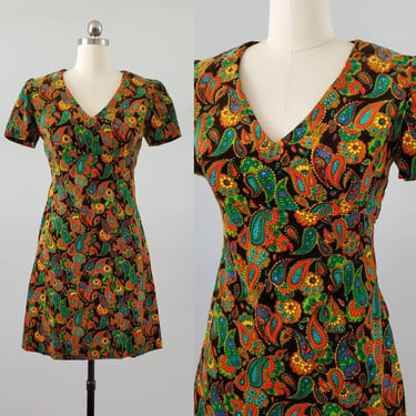 1960s Velvet Dress in Bright Paisley 60's Dress 60s Women's Vintage Size Small 