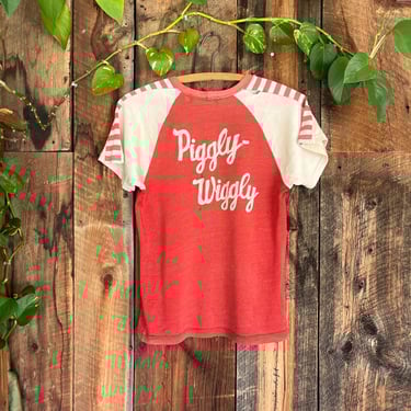 True Vintage 40s 50s Little League Baseball Jersey Two Tone striped Durene chain stitched Piggly Wiggly size M 
