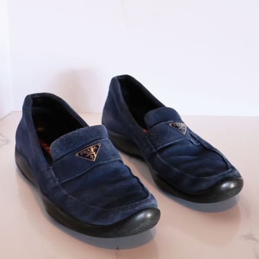 Vintage PRADA Sport Line Cobalt Suede Logo Plaque Loafers sz 37 7 7.5 Vibram Lug Sole Linea Rossa Minimal Y2K Blue 