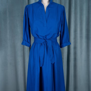 Vintage 1980s Nordstrom / Town Square Royal Blue Raw Silk Belted Dress with Open Collar and Gathered Sleeves 