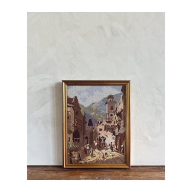 Original Vintage European Framed Needlepoint landscape of a Swiss  French Italian Alpine Tyrolian Village Landscape Vintage Wall Art Cottage 