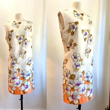 Vintage 60s Dress / Mod FLORAL BORDER PRINT Shift / Rayon Crepe / Lined / L 