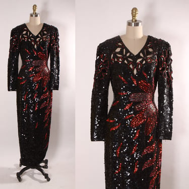 1980s Black and Red Cut Out Sequin Covered Long Sleeve Floral Flower Side Detail Full Length Cocktail Wiggle Dress by Sho Max Originals -M 